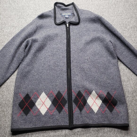 VTG HERMAN GEIST Cardigan Grey Sweater 100% Wool & Knit Women 3X Black Collar - Picture 1 of 6